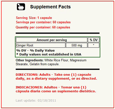 Ginger Root 550 mg 60 Capsulas