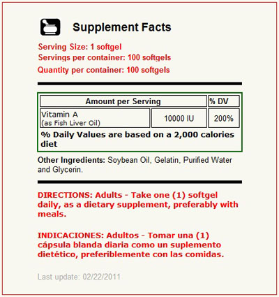 Vitamin A 10,000 IU 100 Capsulas
