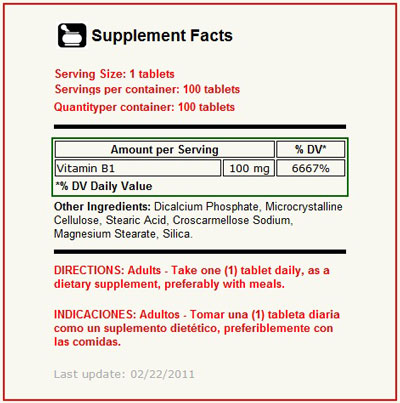 Vitamin B-1 100 mg 100 Tabletas