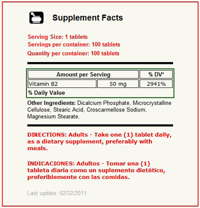 Vitamin B-2 50 mg 100 Tabletas