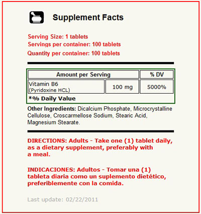 Vitamin B-6 100 ng 100 Tabletas