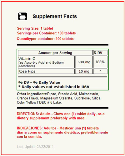 Vitamin C Chewable 500 mg 100 tabletas